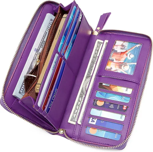 Vista 3 de GEEAD Billeteras para mujer, de piel sintética, de gran capacidad, para tarjetas de crédito, cartera de mano, Violeta oscuro, De moda