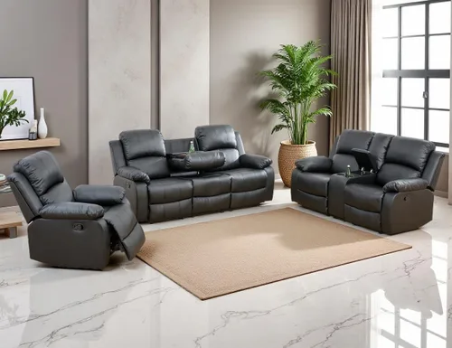 Vista 20 de Sofá reclinable manual, sofá reclinable de lujo de 3 plazas, sofá reclinable con portavasos y mesa de café, sofá de cuero sintético para sala