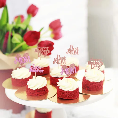 Vista 6 de Ercaido - Paquete de 48 adornos para cupcakes para el Día de la Madre con purpurina de oro rosa con purpurina para el Día de la Madre para la mejor