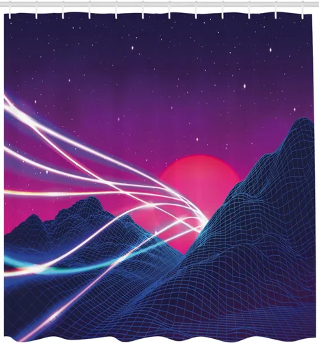 Vista 2 de Ambesonne Synthwave Shower Curtain, Abstract Lines on Checkered Mountains and Cosmic Retro Sun Stars, Cloth Fabric Bathroom Decor Set with Hooks