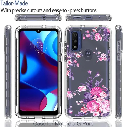 Vista 5 de Funda para Moto G Pure 2021 con protector de pantalla de vidrio templado, cuerpo completo, a prueba de golpes, transparente, suave, delgada, funda