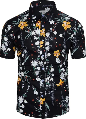 Vista 10 de TUNEVUSE - Camisa de manga corta para hombre con botones, diseño floral, camisa hawaiana de playa de verano de algodón Estampado de plátano.