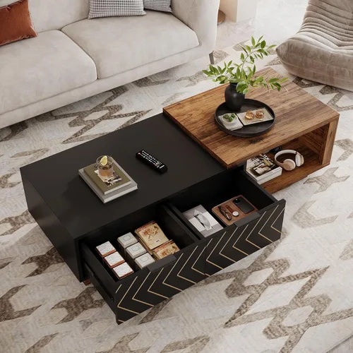 Vista 7 de Tribesigns - Mesa de café extensible con 2 cajones de almacenamiento, mesa central de dos tonos con tablero deslizante, mesa de cóctel rectangular