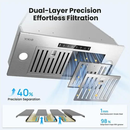 Vista 5 de VIKIO HOME Campana Extractora Empotrable de 30 Pulgadas, 980 CFM Campana de Ventilación de Cocina Integrada, Convertible con Conductos/Sin