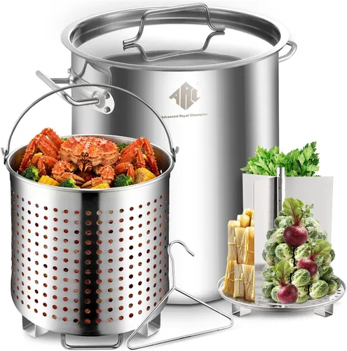 Vista 10 de ARC - Olla grande de acero inoxidable de 64 cuartos de galón para caldera de mariscos con cesta y estante de vapor, olla de cocina al aire libre