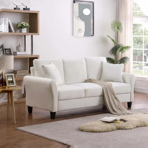 Vista 19 de Sofá tapizado de terciopelo de 3 plazas con 2 almohadas, sofá moderno de 78 pulgadas con patas de madera maciza para sala de estar, apartamento
