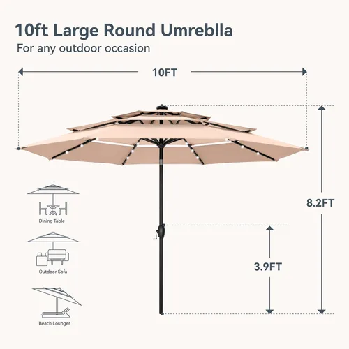 Vista 8 de PHI VILLA 10ft 3 Tier Outdoor Patio Umbrella with 24pcs LED Lights, Beige