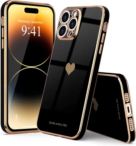 Vista 7 de Teageo Funda para iPhone 14 Pro Max para Mujeres y Niñas Lindo Corazón de Amor Lujoso Chapado Suave Brillante Cubierta Trasera Elevada Protección