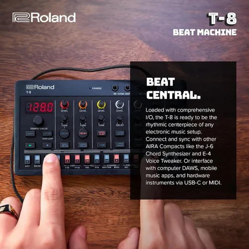 Vista 5 de Roland AIRA Compact T-8 BEAT MACHINE Máquina de ritmo y bajo ultraportátil con sonidos Roland genuinos Secuenciador de batería TR-REC Seis