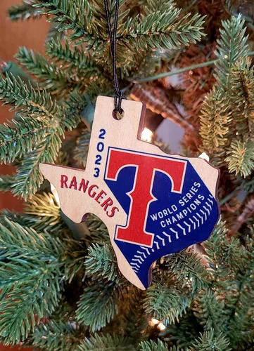 Vista 3 de Adorno de madera de Texas 2023 Serie Mundial de béisbol con forma de Texas