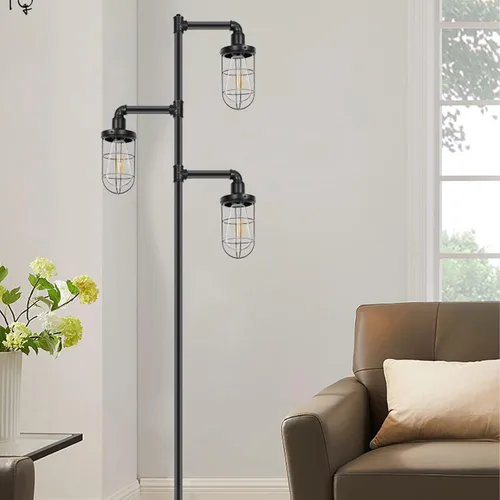 Vista 7 de CONCA Steampunk - Lámpara de pie industrial de tres cabezas, bombilla Edison rústica, pantalla de jaula (negro)