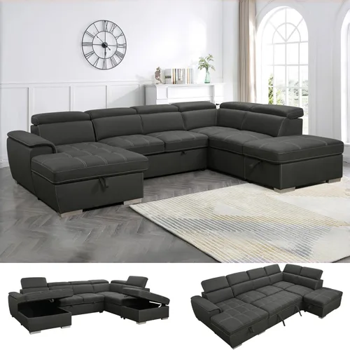 Vista 9 de THSUPER Sofá Seccional Reclinable en Forma de L de Microfibra de 104'', Sofá Cama con Cama Extraíble y Otomana de Almacenamiento, Sofás Convertibles