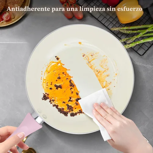 Vista 7 de M MELENTA Juego de ollas y sartenes antiadherentes, juego de utensilios de cocina de cerámica rosa, utensilios de cocina de inducción de 11 piezas