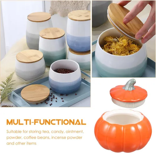 Vista 7 de Luxshiny Recipiente con forma de calabaza, tarro de almacenamiento de té, tarro de cerámica para dulces con tapa, contenedor de comida de calabaza