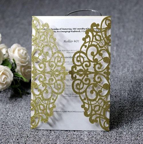 Vista 4 de Wishforyou - 100 tarjetas de invitación de boda con purpurina dorada, 7 x 4.9 pulgadas