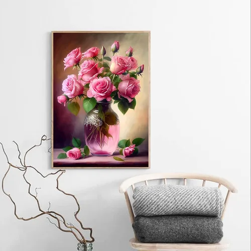 Vista 2 de QAZWSX Kit de pintura de diamante rosa rosa para bricolaje, pintura de diamantes de flores, kits de arte de cristal de diamante redondo completo