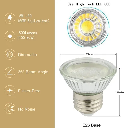 Vista 3 de Drart Foco LED PAR16 de 5 W, bombilla halógena corta regulable equivalente a 50 W, repuesto LED para bombilla halógena, base de tornillo E26, 120 V