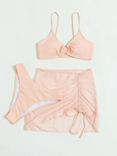 Vista 5 de WDIRARA Traje de baño de 3 piezas con anillo para mujer con falda de playa con cordón de malla