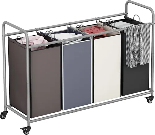 Vista 9 de LINZINAR Clasificador de ropa sucia de 3 bolsas, carrito de lavandería con ruedas enrollables resistentes y bolsas extraíbles (gris) Laundry Room