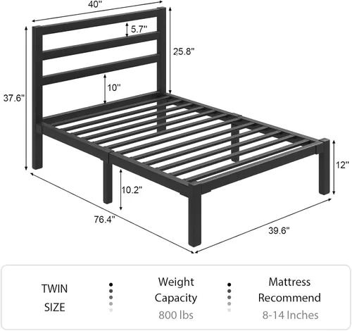 Vista 2 de LOEWAY - Marco de cama de metal resistente de 12 pulgadas con cabecero, listones de acero fuertes, almacenamiento debajo de la cama, no necesita