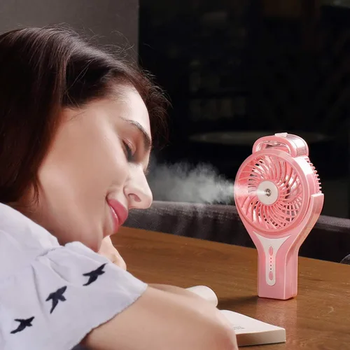 Vista 8 de Ventilador de nebulización de agua portátil de mano para viajes, funciona con batería recargable o alimentado por USB, humidificador y ventilador