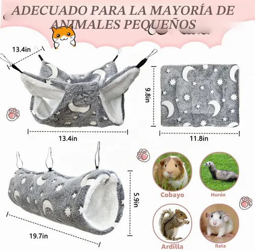 Vista 5 de Escondite de hurón y cama suave, hamaca y túnel de conejillo de indias luminoso con brillo nocturno 1. Hamaca y túnel con litera Moon