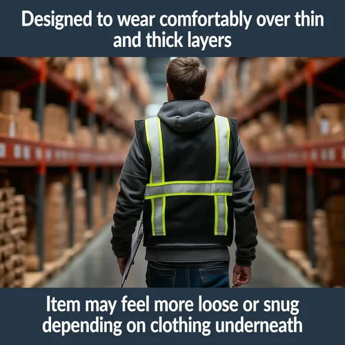 Vista 3 de Kishigo Black Enhanced Visibility Men's Vest B100, Multi Pocket Mesh Hi-Vis Vest, Ultra-Cool Polyester, 6 Pockets, Zipper