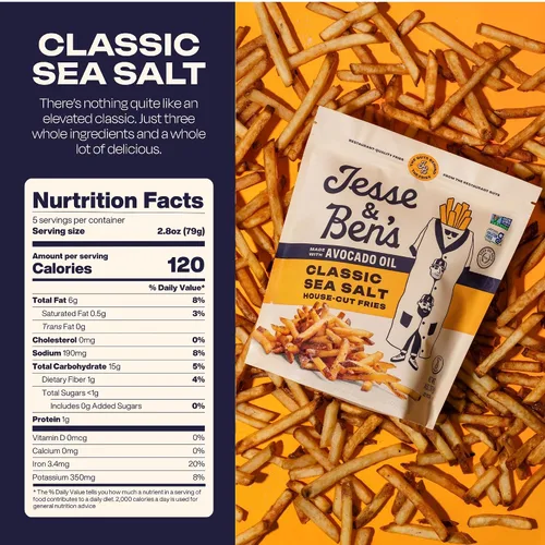 Vista 7 de Jesse & Ben's Classic Sea Salt Fries, Made with Avocado Oil, Gluten-Free, Non-GMO, Vegan Frozen Potatoes, Healthy Snack with No Seed Oils, Delicious