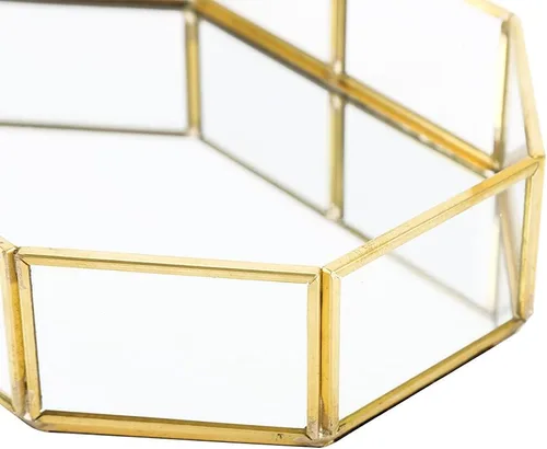 Vista 9 de Makeup Jewelry Organizer Mirrored Glass Tray, Small Size 8.1x5.6x1.7 Inch, Golden Brass Edging - Durable Material, Stylish Storage, Perfect for