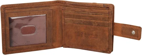 Vista 4 de Cartera de cuero real con bloqueo RFID para hombre con cremallera monedero 1044-marrón, Marrón, Vintage
