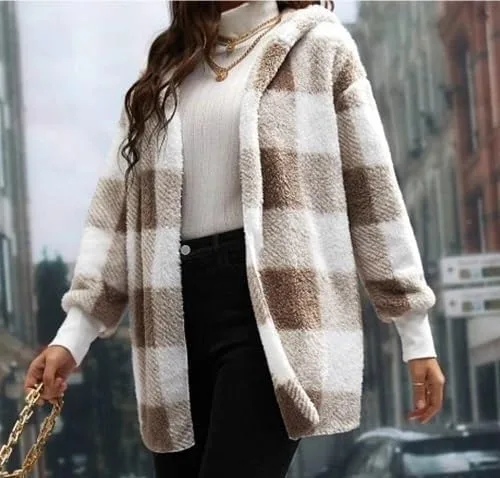 Vista 3 de ONDIAN Chaqueta de manga larga con botones para mujer, a cuadros, peluda, para otoño, invierno, abrigos, abrigos, abrigos, abrigos, abrigos