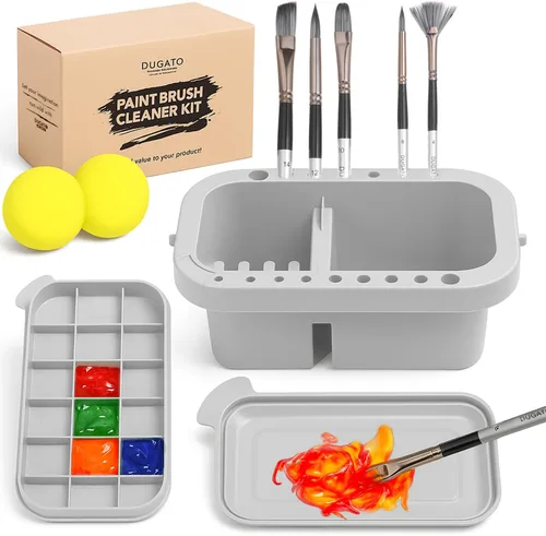 Vista 8 de DUGATO Limpiador de pinceles, lavadora, soporte y paleta 3 en 1, lavabo para artistas con tapa y esponjas para acrílico, acuarela, pintura al óleo