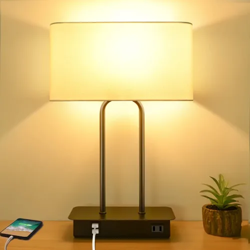 Vista 10 de Lámpara de mesa con control táctil regulable en 3 vías con 2 puertos USB y toma de corriente AC, lámpara moderna de mesita de noche con pantalla