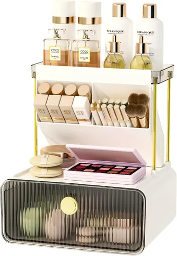Vista 10 de FOLLOWIN Organizador de maquillaje de 3 niveles con cajón, exhibición de cosméticos con soporte para brochas de pintalabios, organizadores