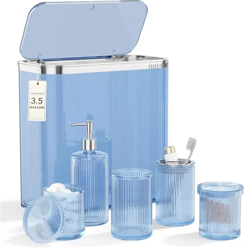 Vista 9 de Juego de accesorios de baño de cristal negro, 5 piezas, dispensador de jabón acanalado vintage, soporte para cepillo de dientes, vaso, tarro Qtip