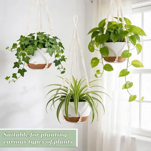Vista 2 de Mkono Juego de macetas colgantes de 3 a 10 pulgadas para plantas de interior con riego automático, maceta colgante al aire libre con colgadores