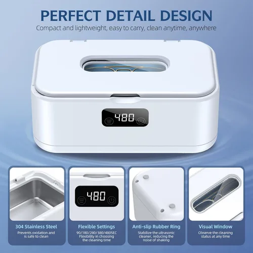 Vista 6 de Limpiador ultrasónico de joyas, limpiador de joyas de 50 Khz, máquina ultrasónica para joyas, anteojos, anillos, correa de reloj, dentaduras, tanque
