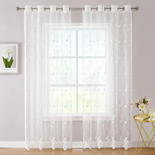 Vista 8 de WUBODTI Cortinas de encaje blanco de lujo de 63 pulgadas de largo, 2 paneles para dormitorio, bonitas cortinas bordadas florales de vid con ojales