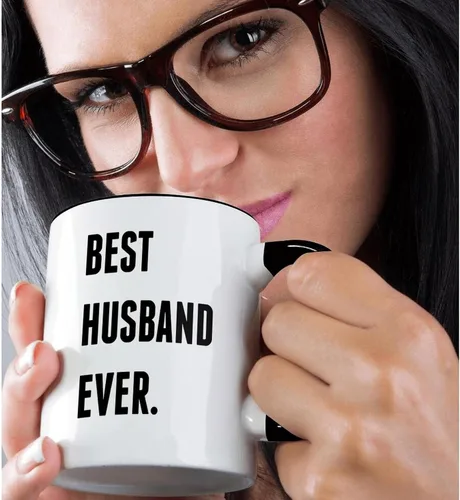 Vista 2 de 3dRose Best Husband Ever, Black Lettering On White Background - Taza de dos tonos (11 onzas), color negro Blanco