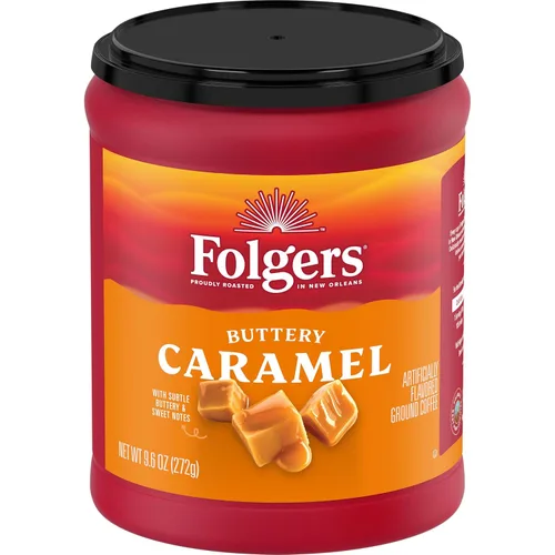 Vista 3 de Folgers Café molido con sabor a caramelo mantequilla, recipiente de 9.6 onzas (paquete de 6)