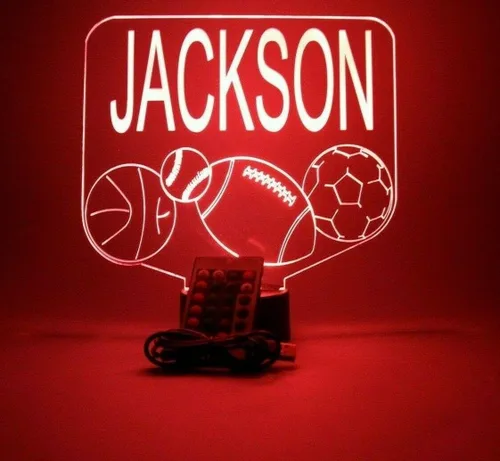 Vista 9 de Sports Array - Balón de fútbol, béisbol, fútbol, baloncesto con nombre personalizado, lámpara de luz nocturna con nombre personalizado, lámpara