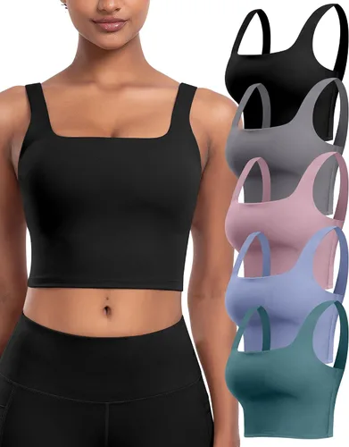 Vista 18 de Sujetadores deportivos para mujer, paquete de 5 unidades, cuello cuadrado, camiseta corta sin mangas acolchada para yoga con almohadillas integradas