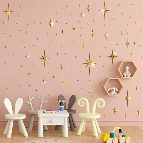 Vista 6 de Pegatinas de pared de espejo con estrella dorada, calcomanías acrílicas 3D removibles con estrellas adhesivas, espejo de estrella en explosión