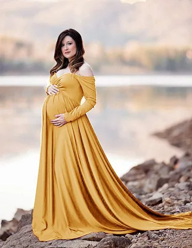 Vista 6 de ZIUMUDY Vestido largo de maternidad con hombros descubiertos, vestido de fotografía para baby shower