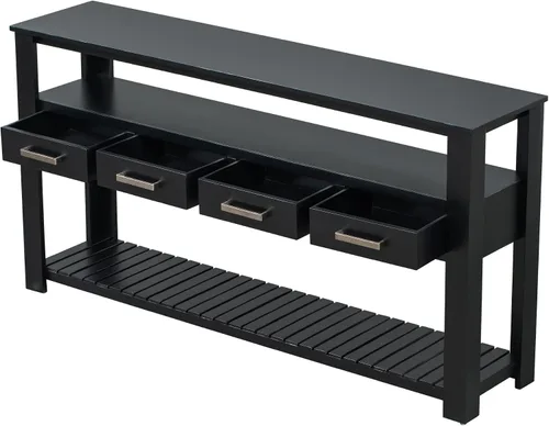 Vista 8 de LUMISOL Mesa consola con 4 cajones y estantes abiertos de 3 niveles, mesa de sofá de madera detrás del sofá con asas de metal, mesa de entrada