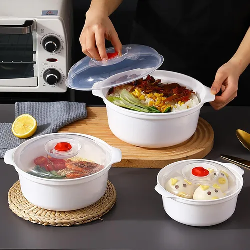 Vista 2 de Tazones para microondas de 3 piezas con tapas, aptos para microondas, platos aptos para microondas para calentar alimentos, artículos esenciales