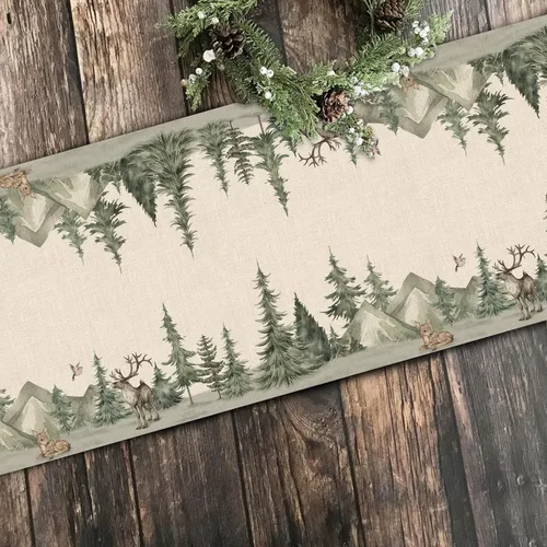 Vista 3 de Seliem Camino de mesa de bosque invernal con renos y pinos, decoración de Navidad con alces acuarela gorrión para la cocina del hogar, decoración
