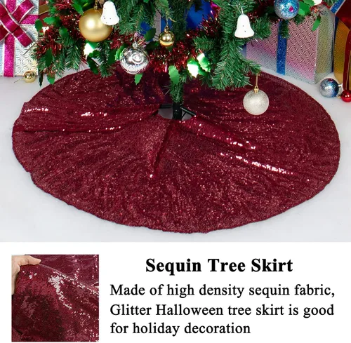 Vista 4 de AMZLOKAE Falda de árbol de lentejuelas color burdeos de 36 pulgadas, kit de decoración navideña de vino con purpurina y brillo para Halloween