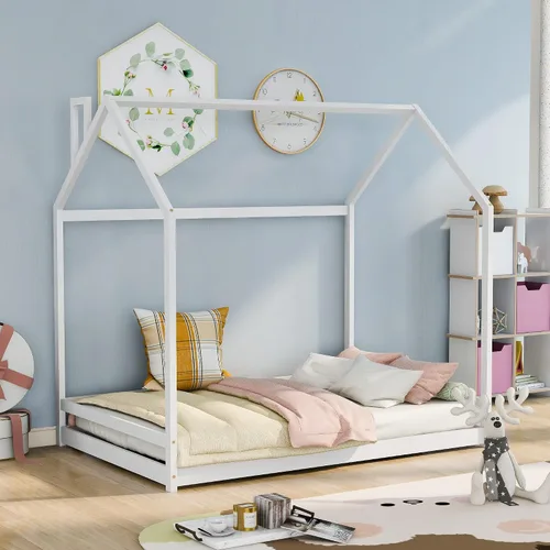 Vista 9 de HAUSHECK Montessori Cama para niños pequeños, cama de piso tamaño individual para niños y niñas, camas Montessori con rieles y techo, marco de cama