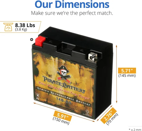 Vista 3 de Pirate Battery YT14B-BS 12V 145 CCA AGM – Batería libre de mantenimiento de 12 Ah para moto deportiva, cuatrimoto, moto acuática, scooter – Terminal